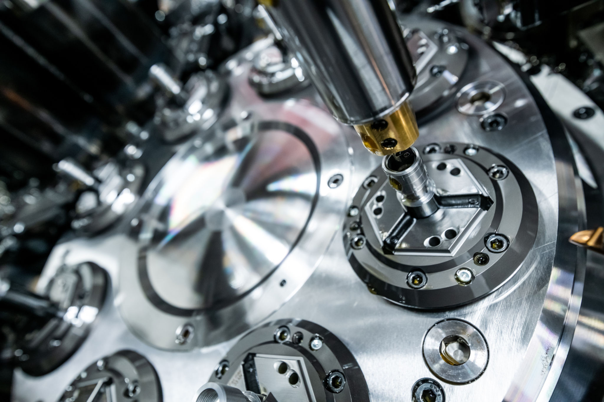 Mechanical industry machinery: inside of a modern multi-spindle CNC lathe machine